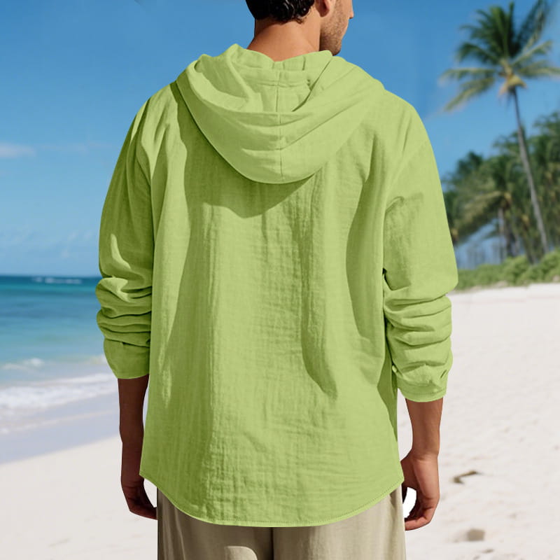 A light green men linen hooded cardigan shirt made of lightweight fabric with long sleeves.