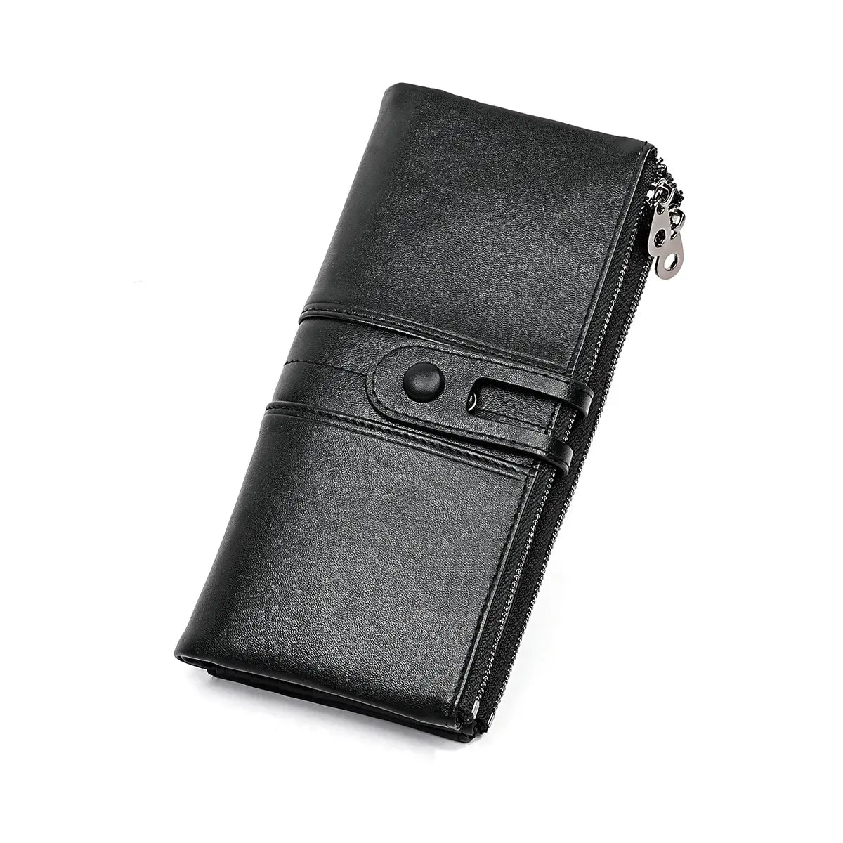 black first layer cowhide leather long tri fold wallet with zipper closure and button snap detail