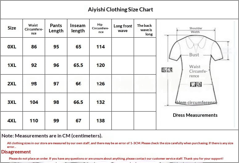 Aiyishi clothing size chart displaying bust waist and hip measurements with a diagram for high waist straight leg trousers plus size.