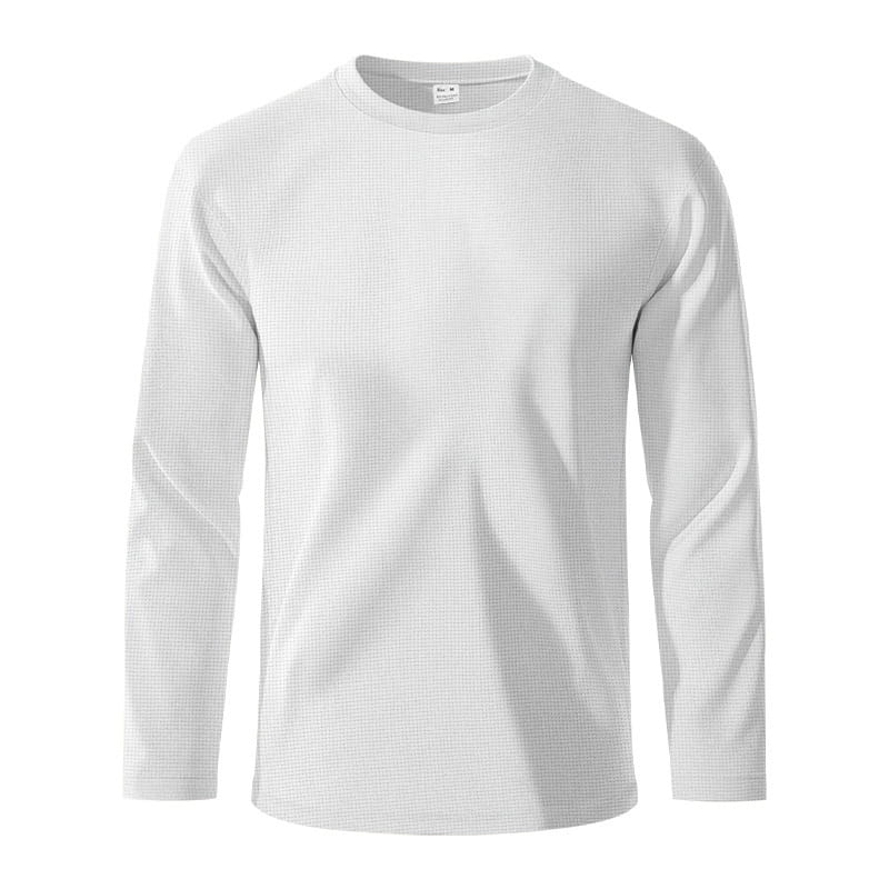 Men’s white long sleeve waffle knit thermal pullover with subtle texture for warmth and comfort.