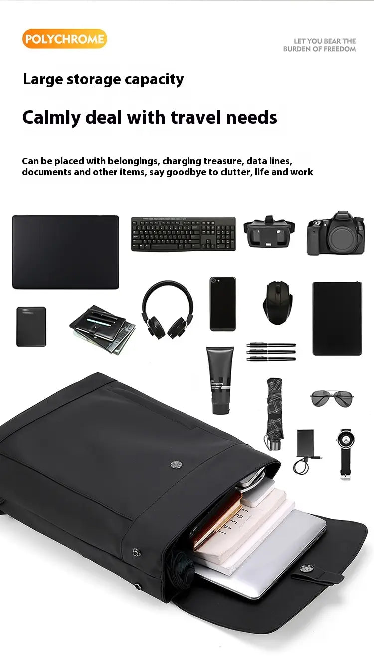 Schwarzer Business-Reise-Rucksack für Herren in Groß aus polychromem Nylon, mit elegantem minimalistischen Design und mehreren Fächern für eine geordnete Reise.
