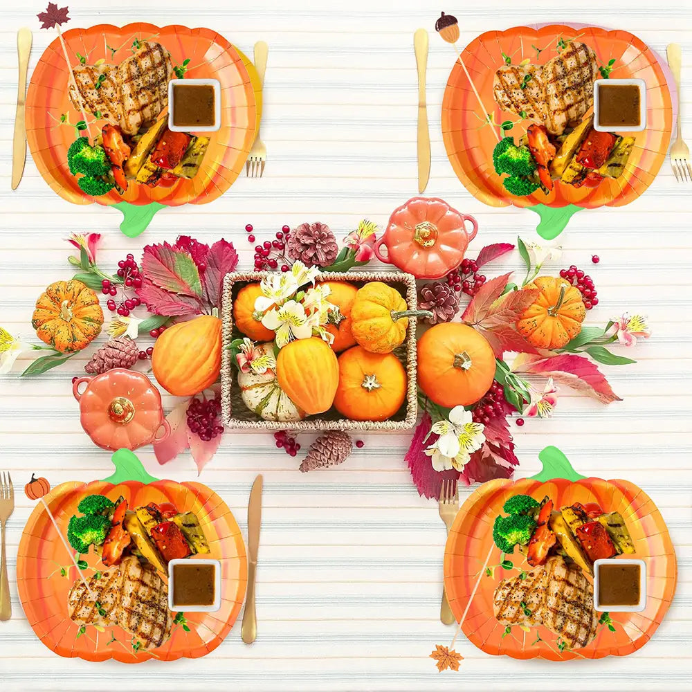 thanksgiving pumpkin paper plates featuring orange pumpkin-shaped design with green stems and a textured slightly glossy finish for seasonal tableware use
