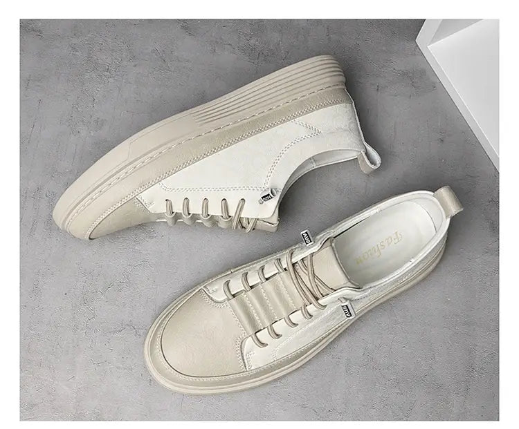 Baskets en cuir pour hommes de couleur crème, avec un design sans lacets, en daim et en toile, dotées d’une semelle en caoutchouc épaisse pour un usage décontracté.