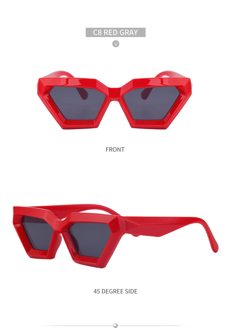 Modern irregular cat eye UV400 geometric sunglasses featuring vibrant red glossy plastic frames and dark gray lenses.