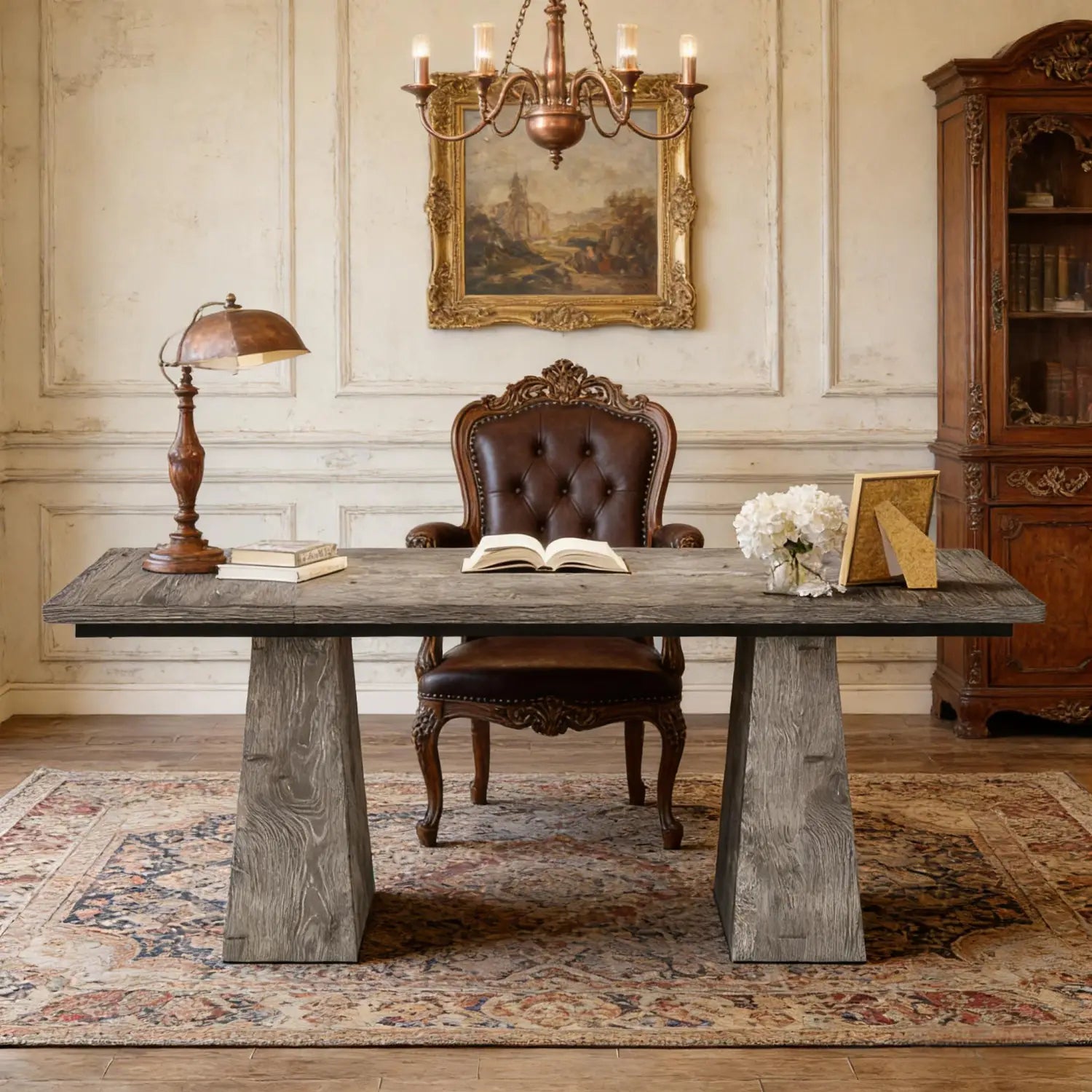 Bureau de direction rustique en bois gris, conçu comme un poste de travail informatique de 63 pouces, avec des pieds épais d’aspect pierreux et une surface patinée.