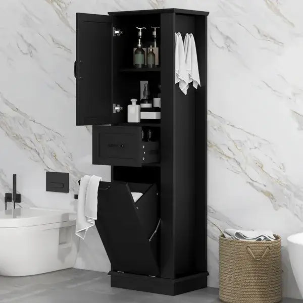 Black wooden tall bathroom cabinet with open door, drawer, hanging towel rack, and tilt out trash bin for organized bathroom storage.