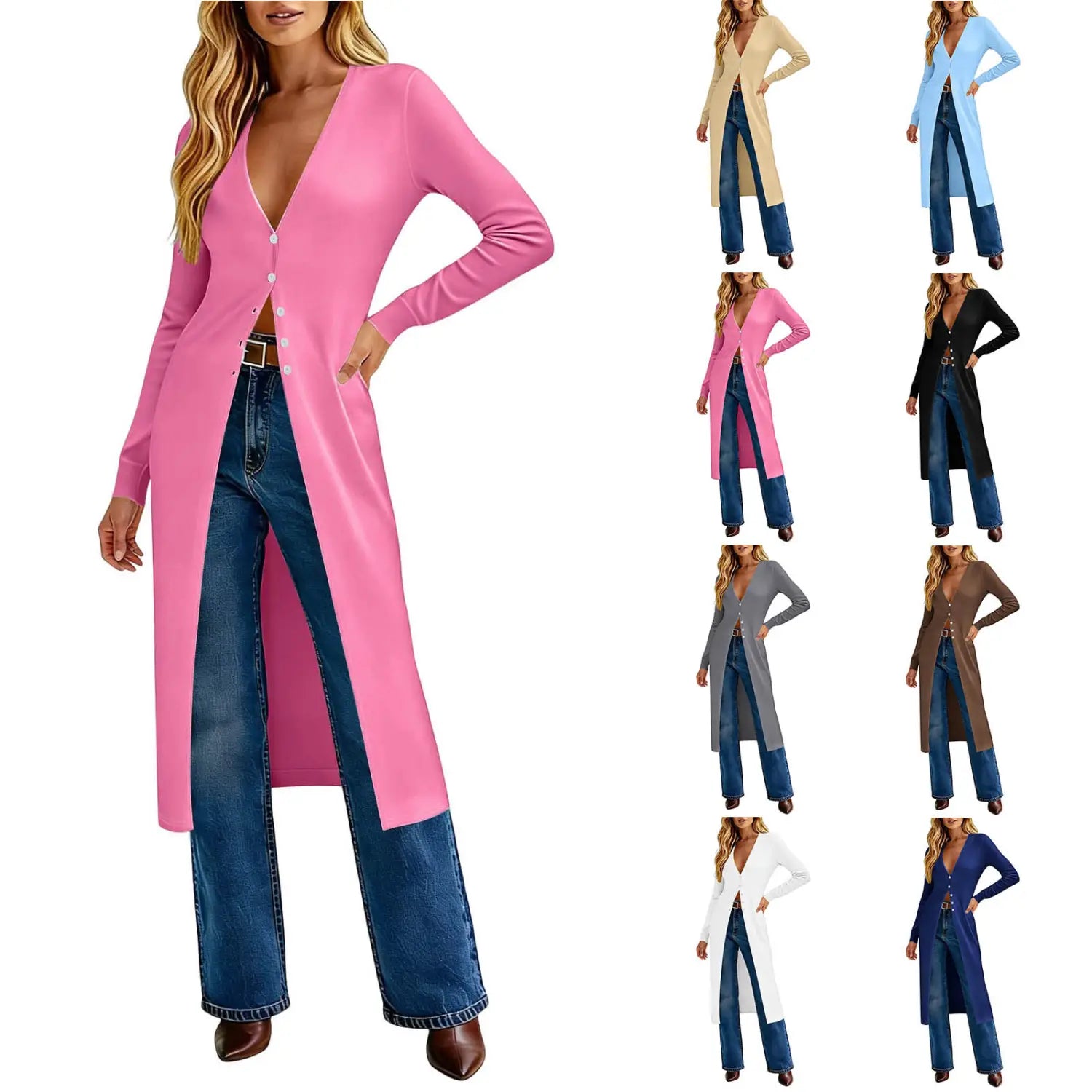 A vibrant pink women slim fit cardigan with a v-neck and button front paired with blue jeans.