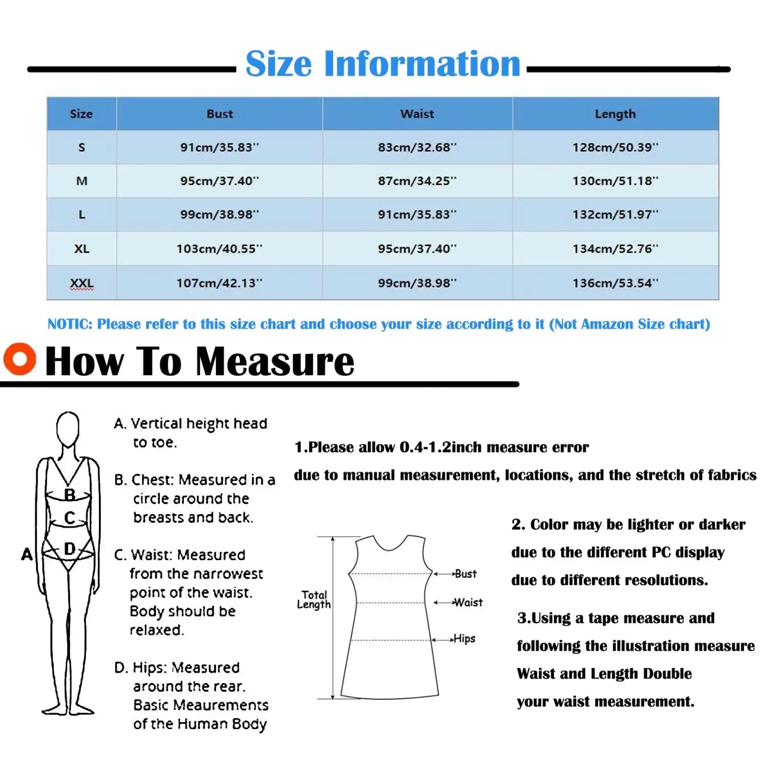 Size chart in centimeters and inches for a tropical print sleeveless irregular hem maxi dress showing bust waist and length measurements across sizes s to xxl.