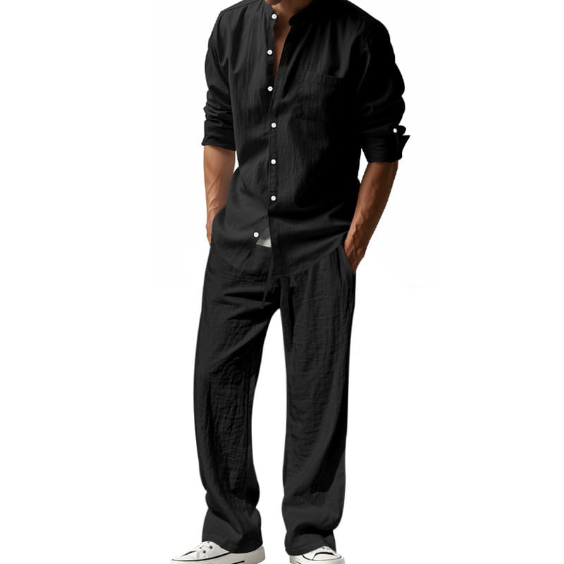 Set aus Herren-Leinenhemd und -Hose mit schwarzem Leinenhemd mit Knopfverschluss, umgeschlagenen Ärmeln und weißen Knöpfen