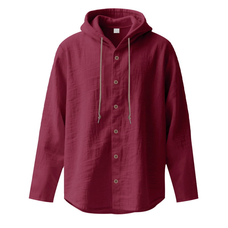 Men linen hooded cardigan shirt in maroon with light gray drawstrings featuring a relaxed fit and slightly textured fabric.