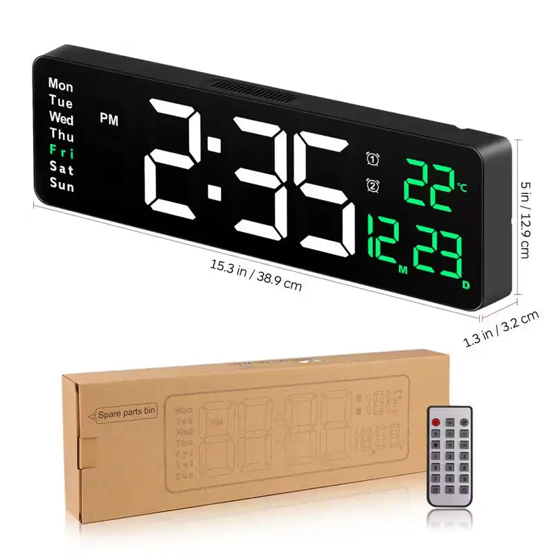 Black rectangular 16 inch digital led wall clock with remote and dimmer featuring white and green led displays showing time date temperature and day of the week.