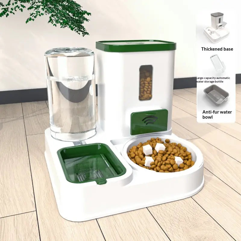 Station d’alimentation automatique pour animaux de compagnie et distributeur d’eau, avec un design blanc et vert, comprenant une bouteille d’eau transparente, un distributeur d’aliments et un bol anti-poils pour une alimentation pratique et une hydratation optimale.