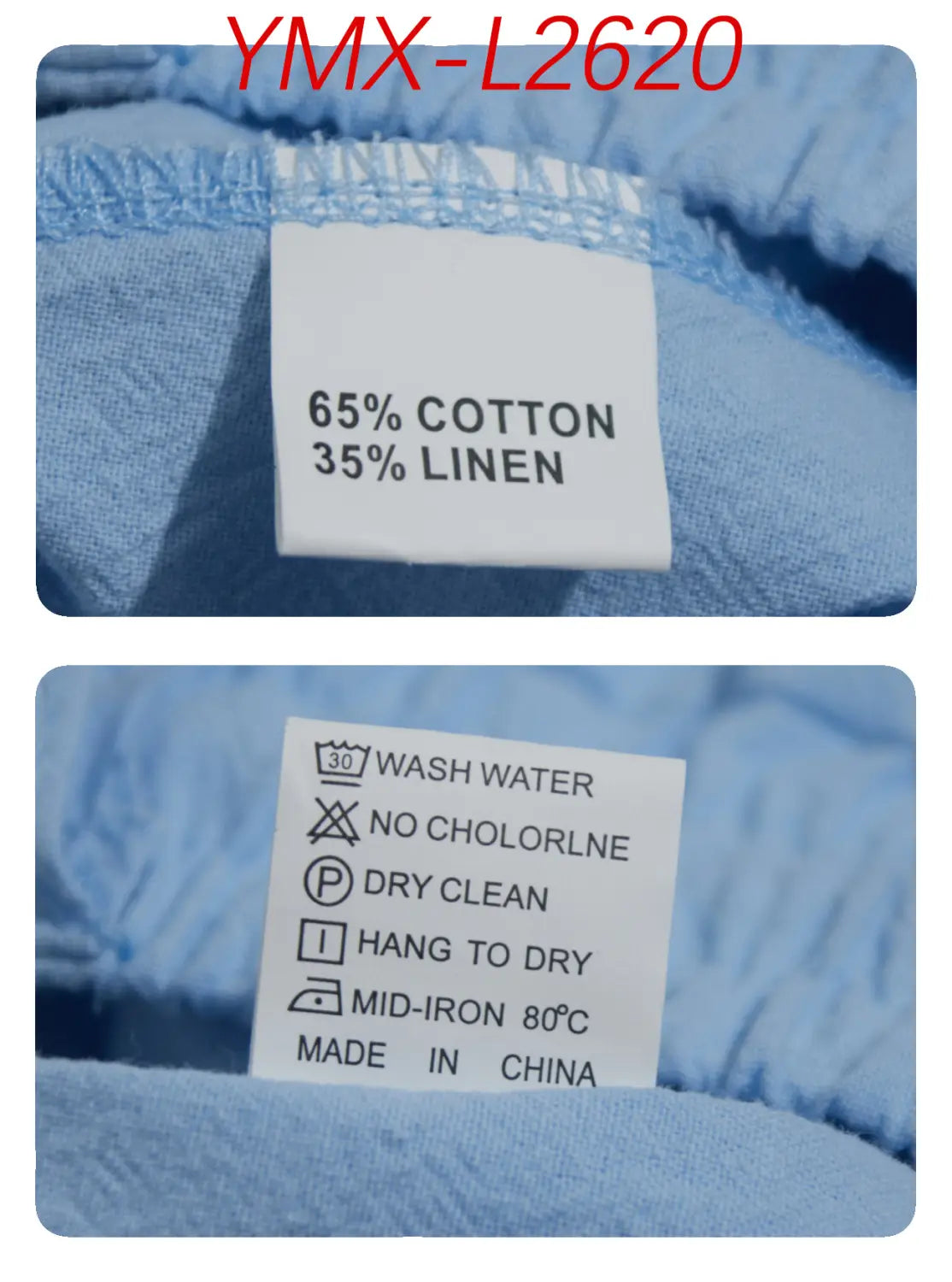 Light blue mens cotton linen drawstring shorts made from 65 percent cotton and 35 percent linen fabric.