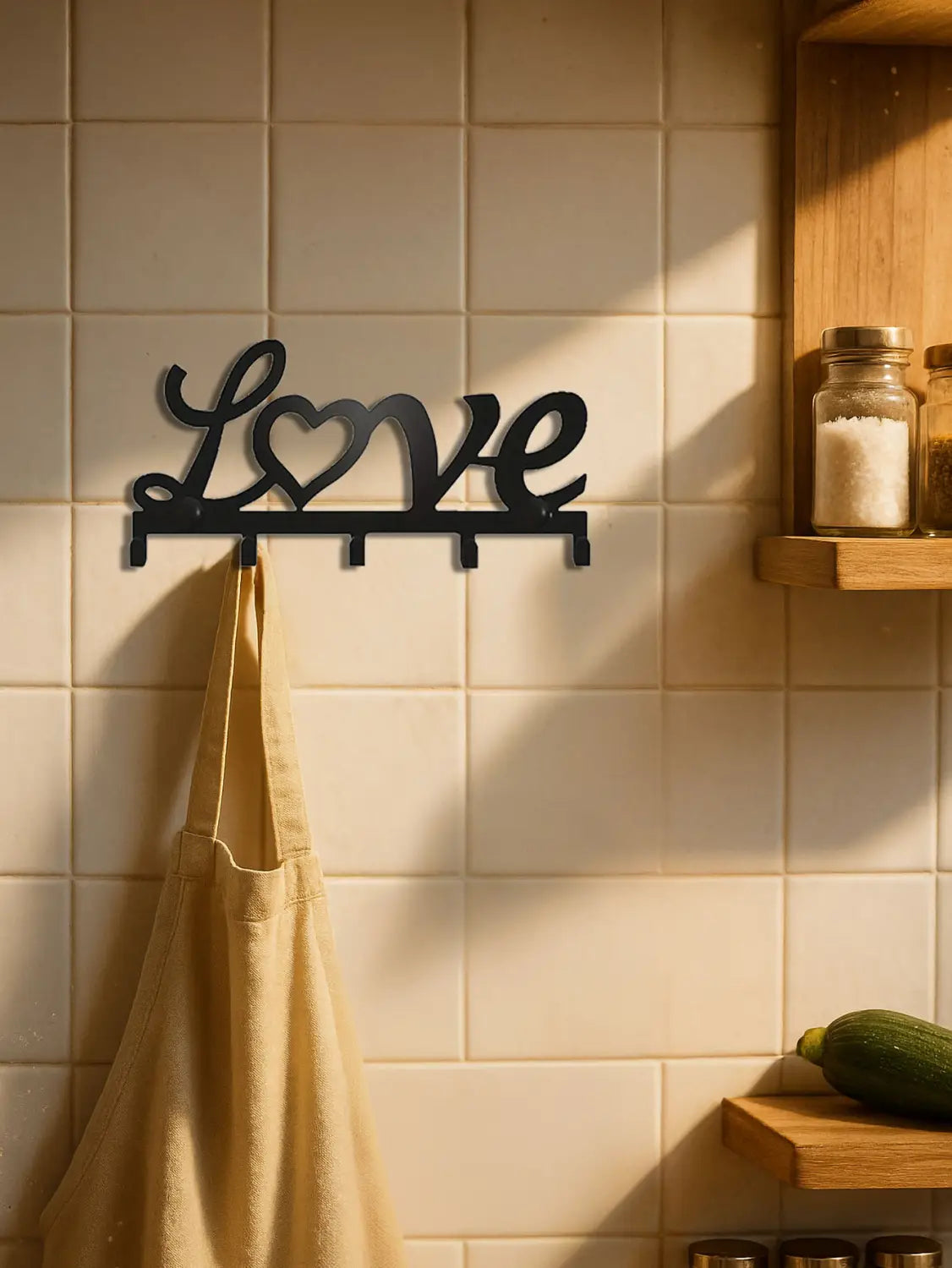 Black metal love wall hook rack with heart design and five pegs for key holding and organizing.
