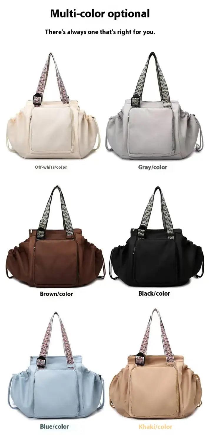Multifunctional waterproof nylon fashion tote and backpack in multi-color with durable nylon material and patterned fabric straps featuring a sleek modern design.