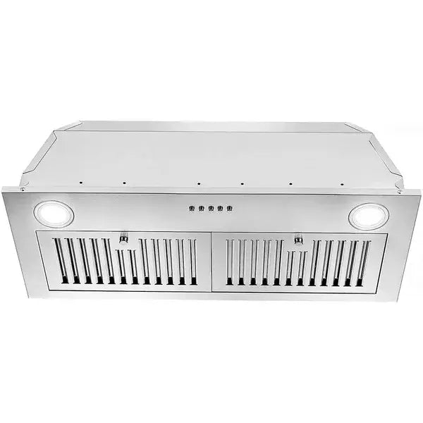 Stainless steel 30 inch range hood insert with two circular lights and vertical slats on the front for 600 cfm ventilation.