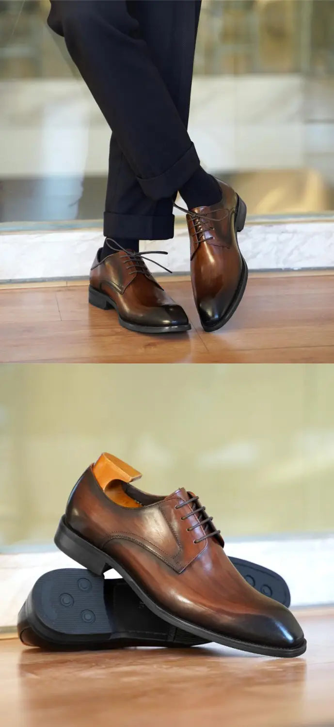 Men’s vintage square toe black leather lace-up dress shoes with polished finish and classic oxford design.
