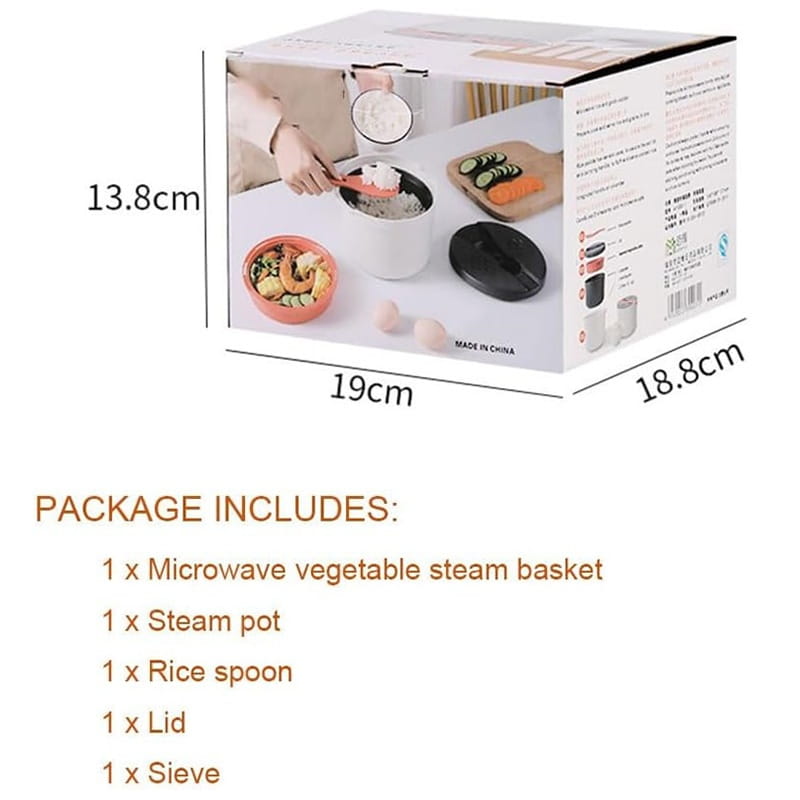 White microwave vegetable steam basket with black lid and orange sieve in cardboard packaging for 2-liter microwave rice cooker steamer with strainer spoon.
