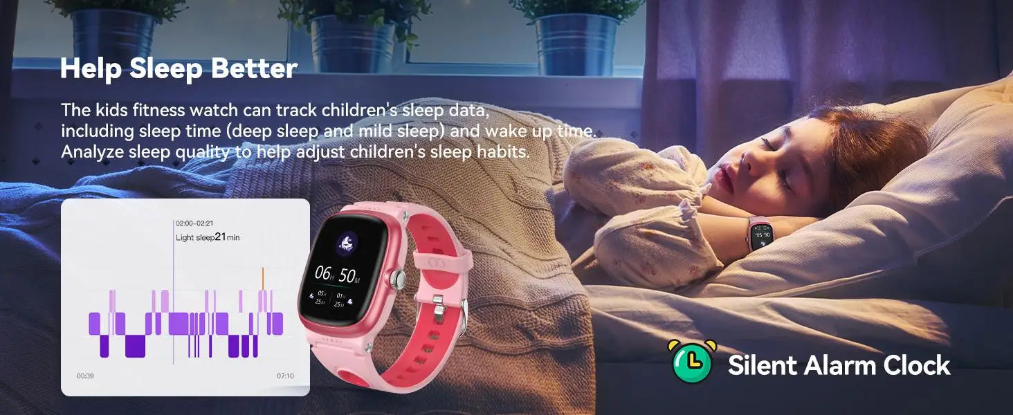 Pink silicone strap kids fitness watch with black digital display and rounded rectangular face from the K1 Kids Waterproof Smartwatch with Fitness Tracking product line.