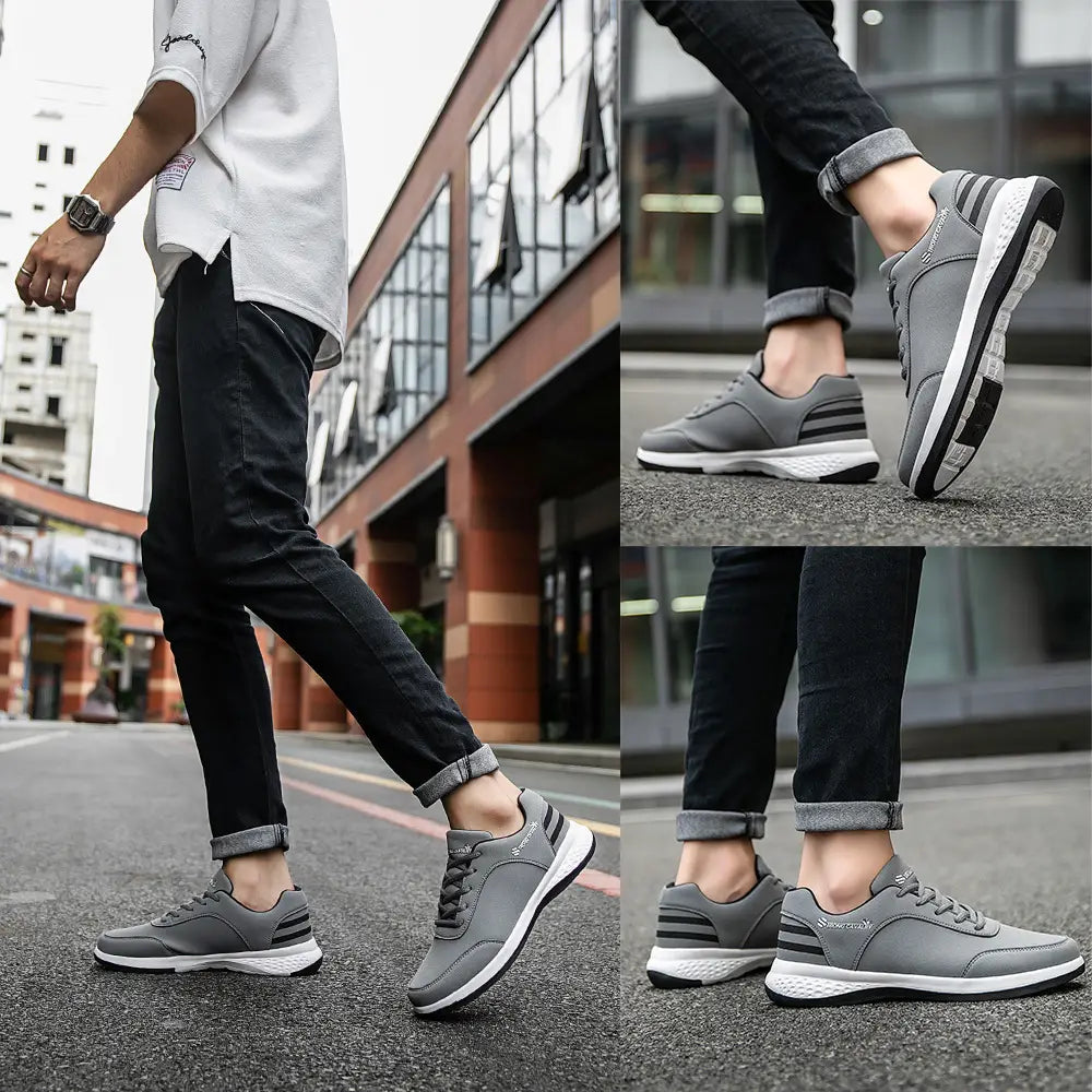 Gray strong cavalry breathable mesh casual athletic sneakers with black stripes and white soles featuring a sleek design suitable for casual wear