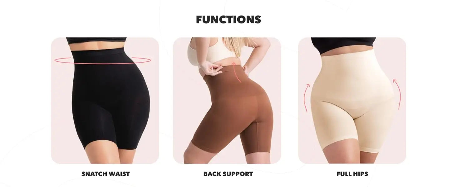 Black high-waisted shapewear shorts designed for a sleek form-fitting silhouette as part of a shapewear shorts and top set.
