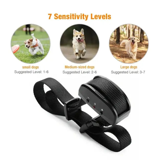Black anti bark dog shock collar with adjustable strap and control panel featuring sensitivity level indicators for sound and vibration correction.