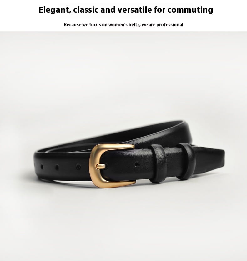 Cinturón reversible de cuero genuino negro para mujer con una hebilla en tono dorado.