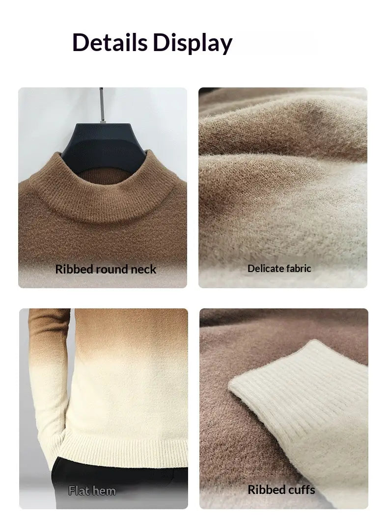 A soft beige to cream gradient knit men’s fleece lined turtleneck sweater with a ribbed round neck and cuffs.