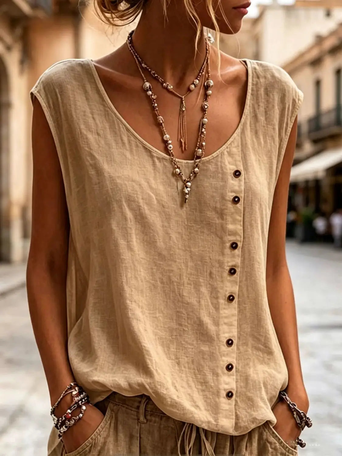 Beige sleeveless linen button front vest with dark brown buttons designed as a loose casual top.