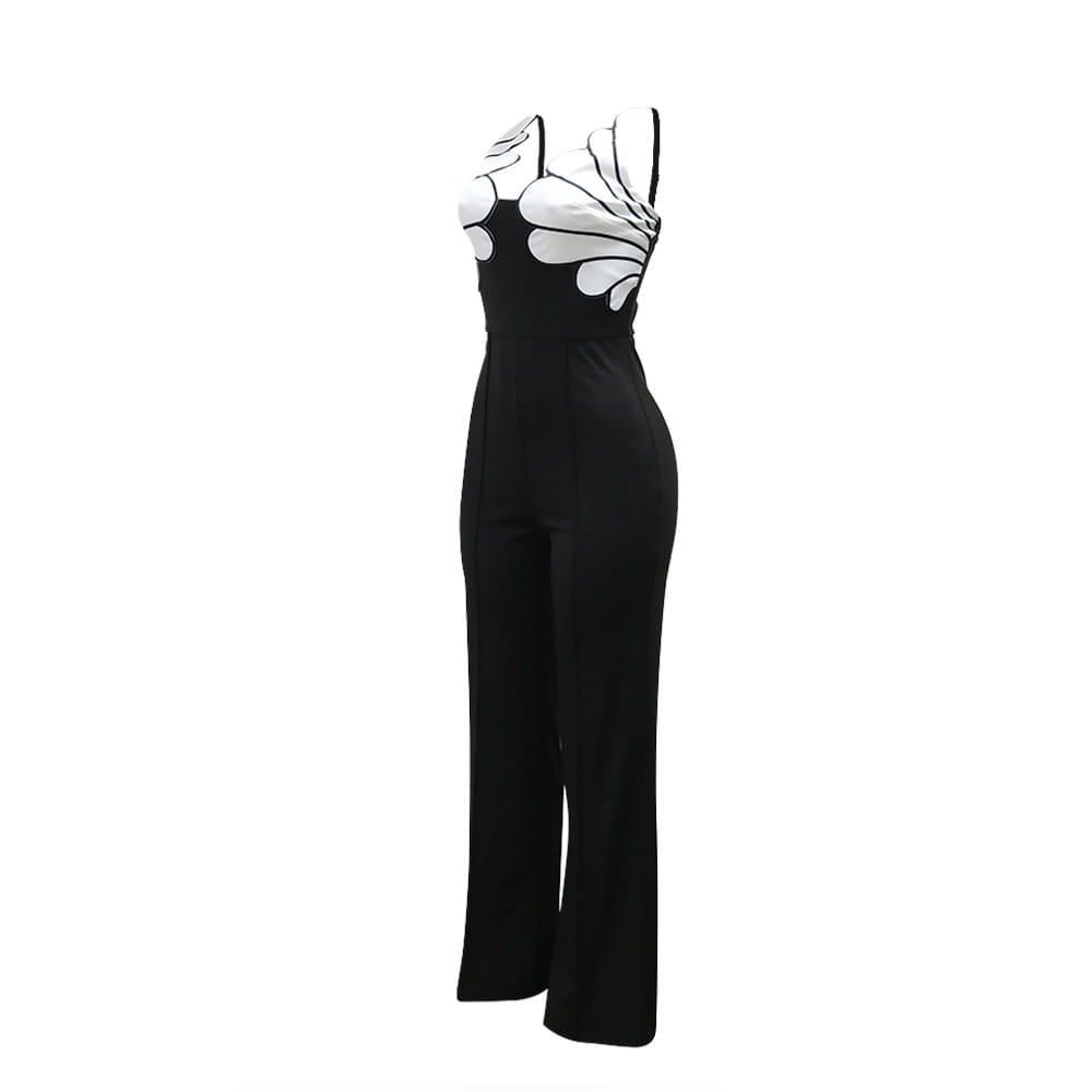 Black sleeveless slim fit jumpsuit featuring white wing-like shoulder embellishments designed for a striking and elegant look.