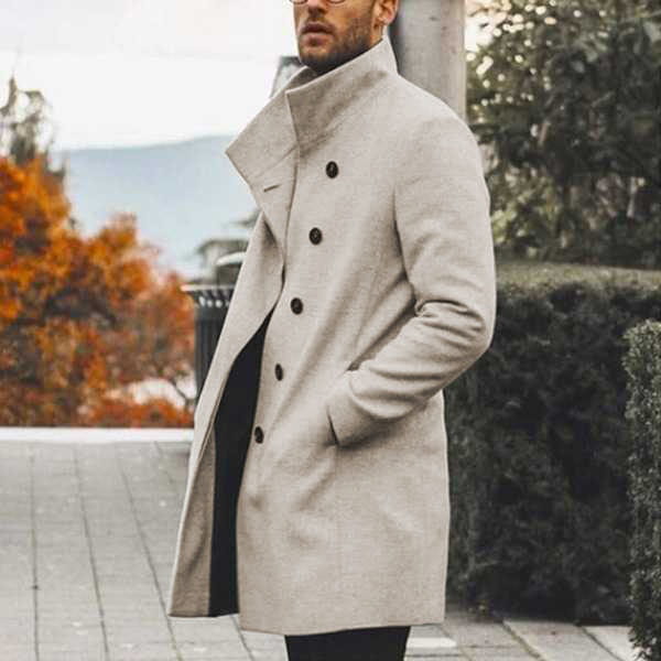 A stylish off-white woolen men tweed trench coat with a stand collar and black buttons for casual wear.