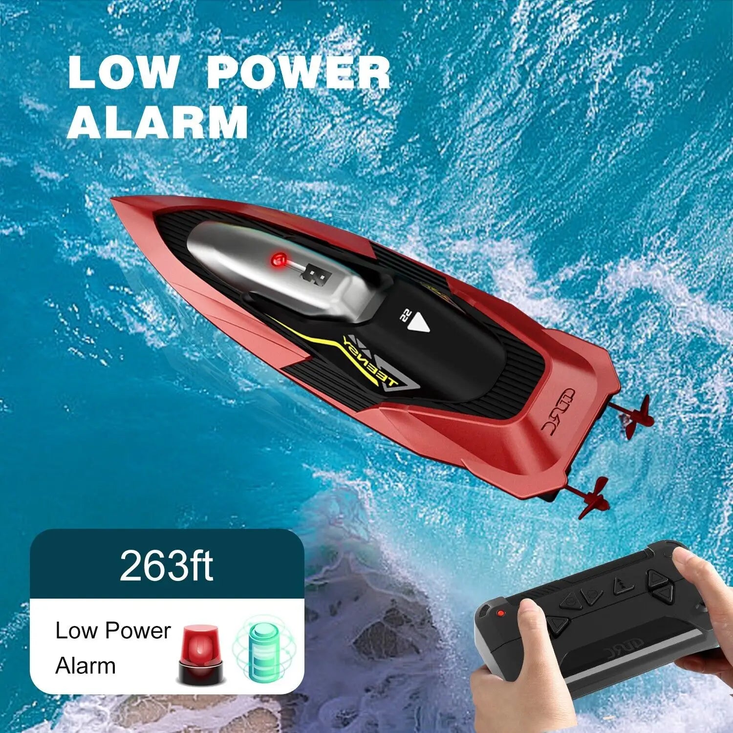 Bateau rc rouge et noir 4drc s5, bateau de course rapide pour enfants, avec un carter moteur argenté comportant le nom de marque yewbet sur le côté.