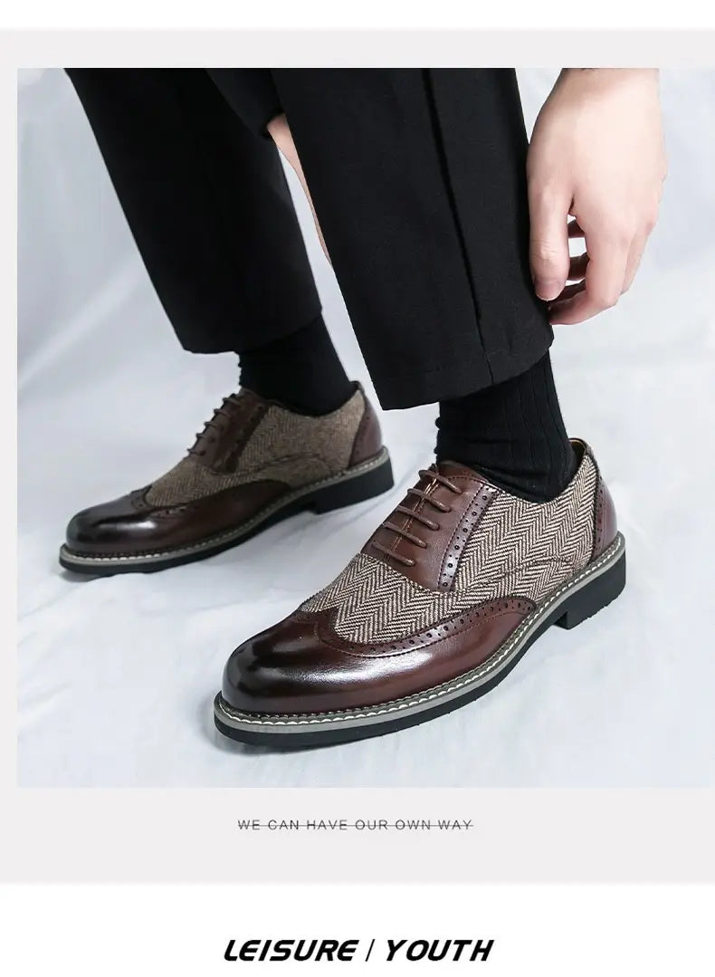Men’s Korean style woven leather brogue high top shoes with brown and gray herringbone wingtip polished accents
