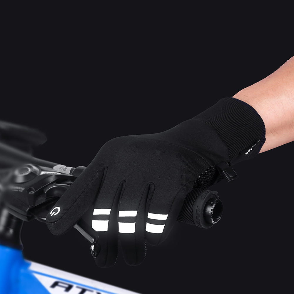 black windproof thermal touchscreen winter cycling glove showing the back side with reflective white stripes and a snug textured wrist cuff