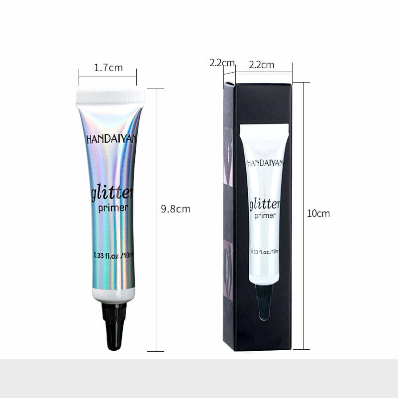 La base de brillo Handaiyan, que es una leche de sombra de ojos iridiscente, se presenta en un tubo iridiscente elegante con una tapa negra y una etiqueta blanca.