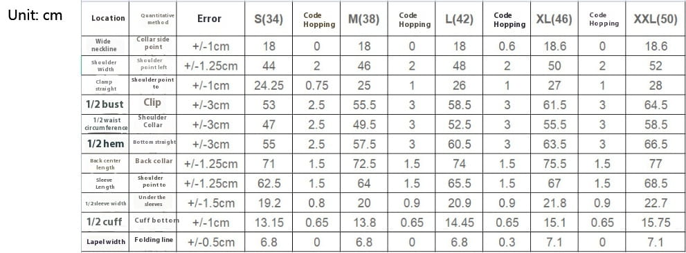 L’image présente un tableau des tailles détaillé en centimètres pour les vestes de costume d’affaires décontractées, ajustées et à carreaux, ainsi que pour les vestes unies pour hommes, de la taille S à XXL.