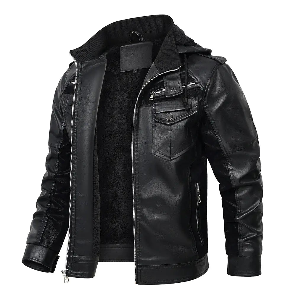 Chaqueta con capucha de PU de forro polar para hombre, de cuero sintético negro, con capucha forrada con forro polar acolchado y cierre de cremallera frontal.