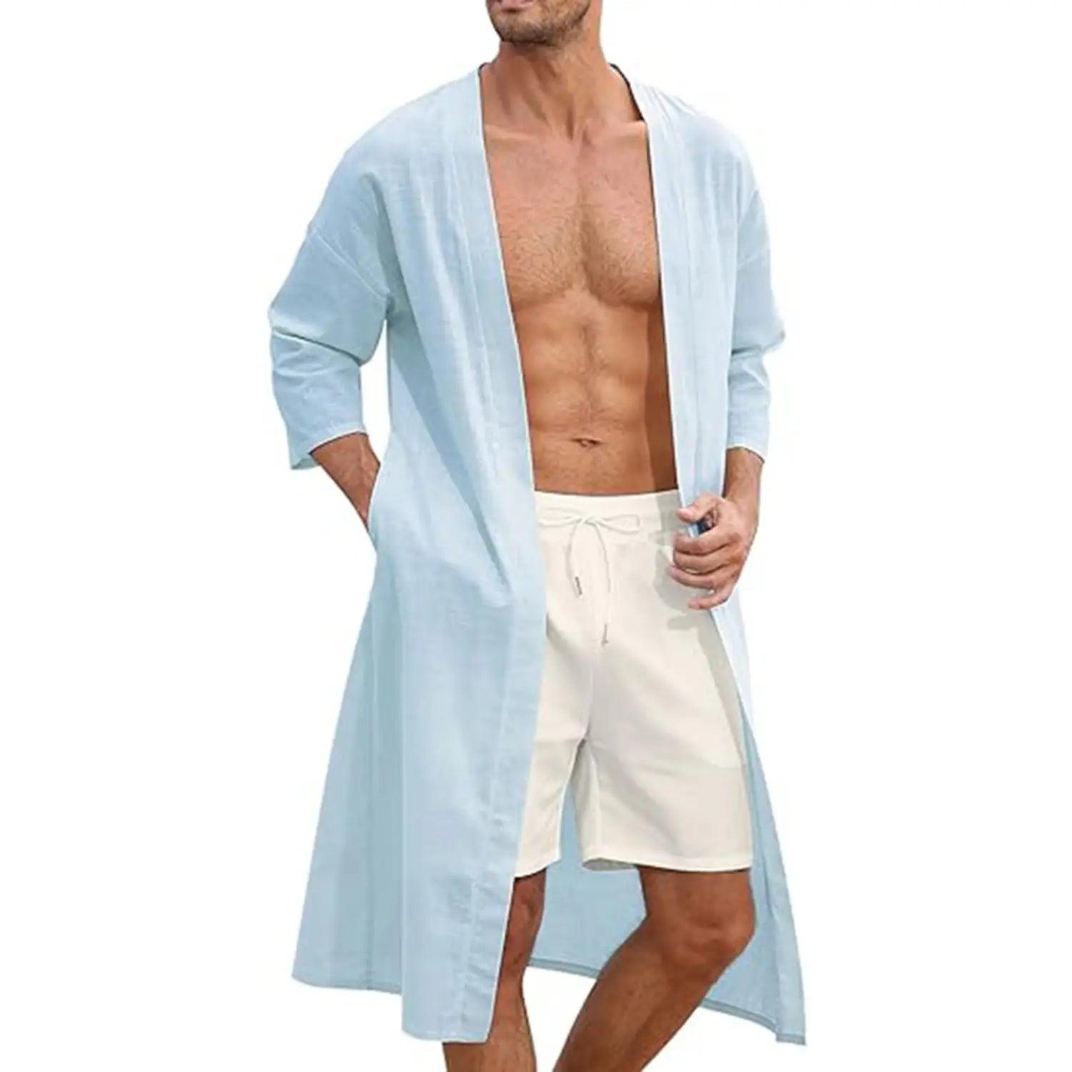 Men’s relaxed fit open front kimono cardigan in light blue with loose fitting three quarter sleeves and side pockets.