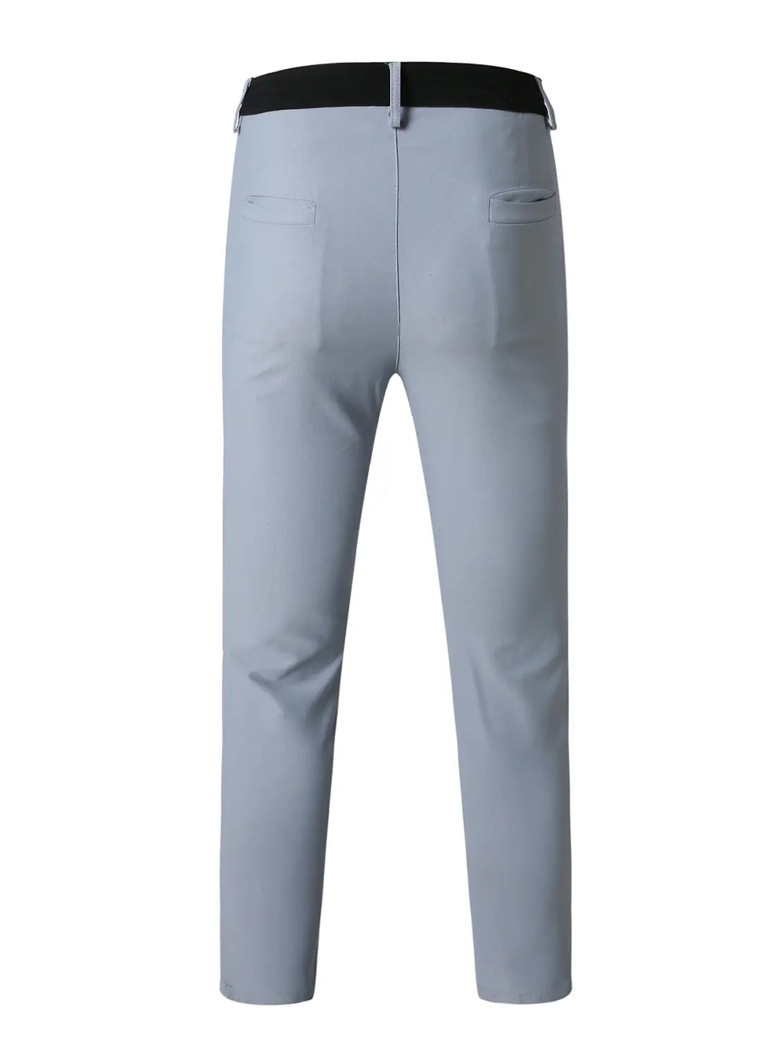 Men’s slim fit high stretch light gray business trousers with a black belt and subtle stitching details.