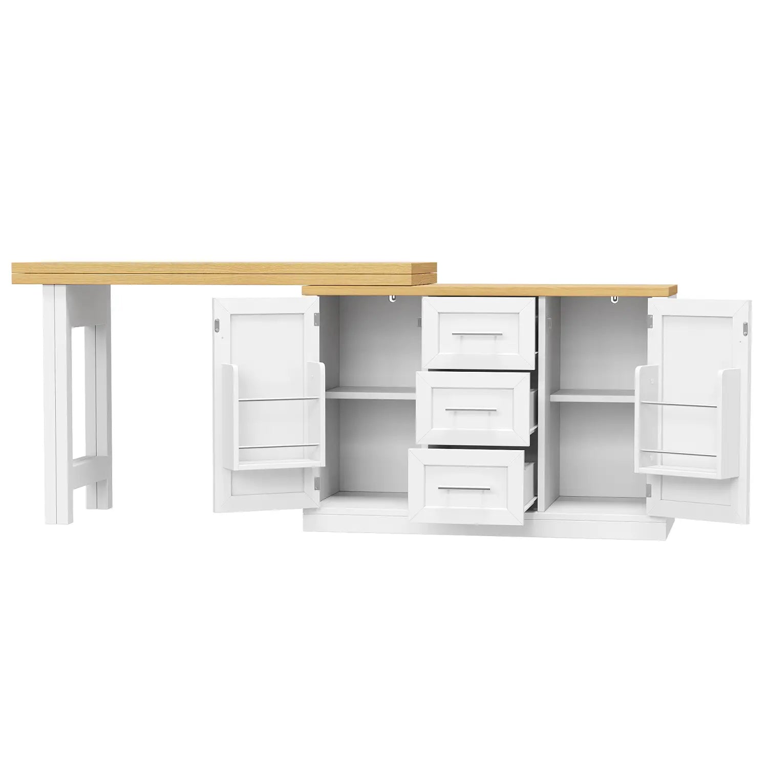 White cabinet with light wood top and three drawers featuring a modern minimalist design in an extendable kitchen island dining table with storage.