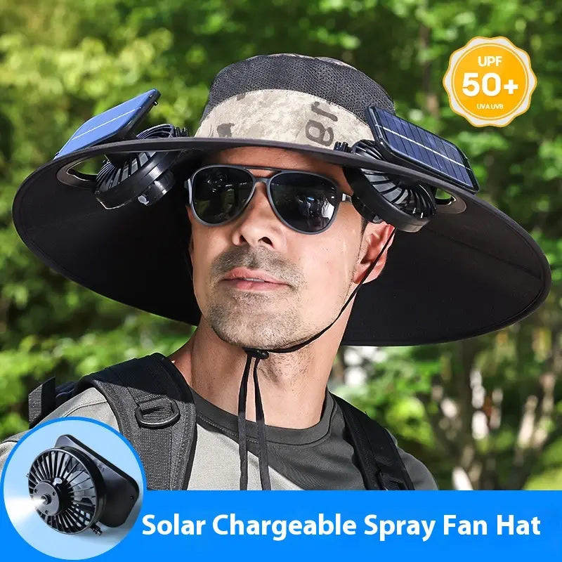 Black solar chargeable spray fan hat with built-in fans and a wide brim for sun protection in camouflage military green for outdoor use.