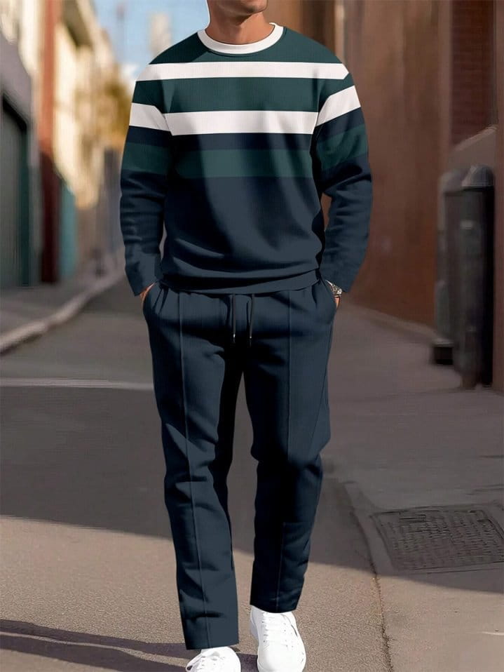 Ensemble sweat à carreaux et pantalon pour hommes, comprenant un sweat-shirt à manches longues à rayures vert foncé et blanc, avec un col rond côtelé.