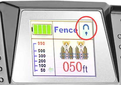 The screen displays a digital interface of the 2-in-1 wireless dog fence and remote training collar featuring a green battery indicator, measurement scale in feet, and a padlock icon.