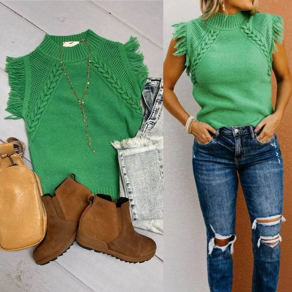green hand-woven sleeveless knit sweater vest featuring a braided cable pattern and frayed edges
