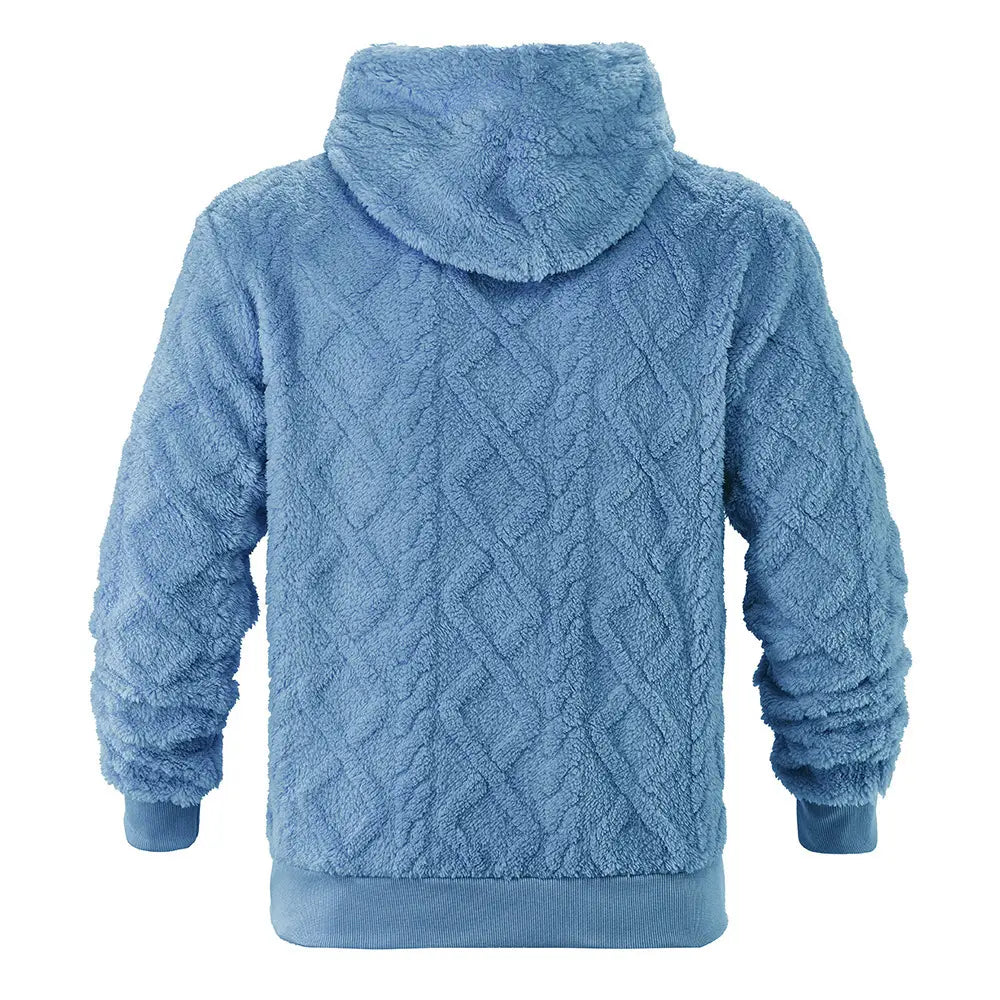 Men’s textured fleece lined knit hoodie in light blue with diamond patterned fleece fabric and ribbed cuffs and hem.