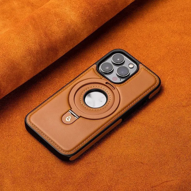 Brown leather iphone 16 pro max magnetic case with black trim shown from the back featuring a circular magnetic ring stand.