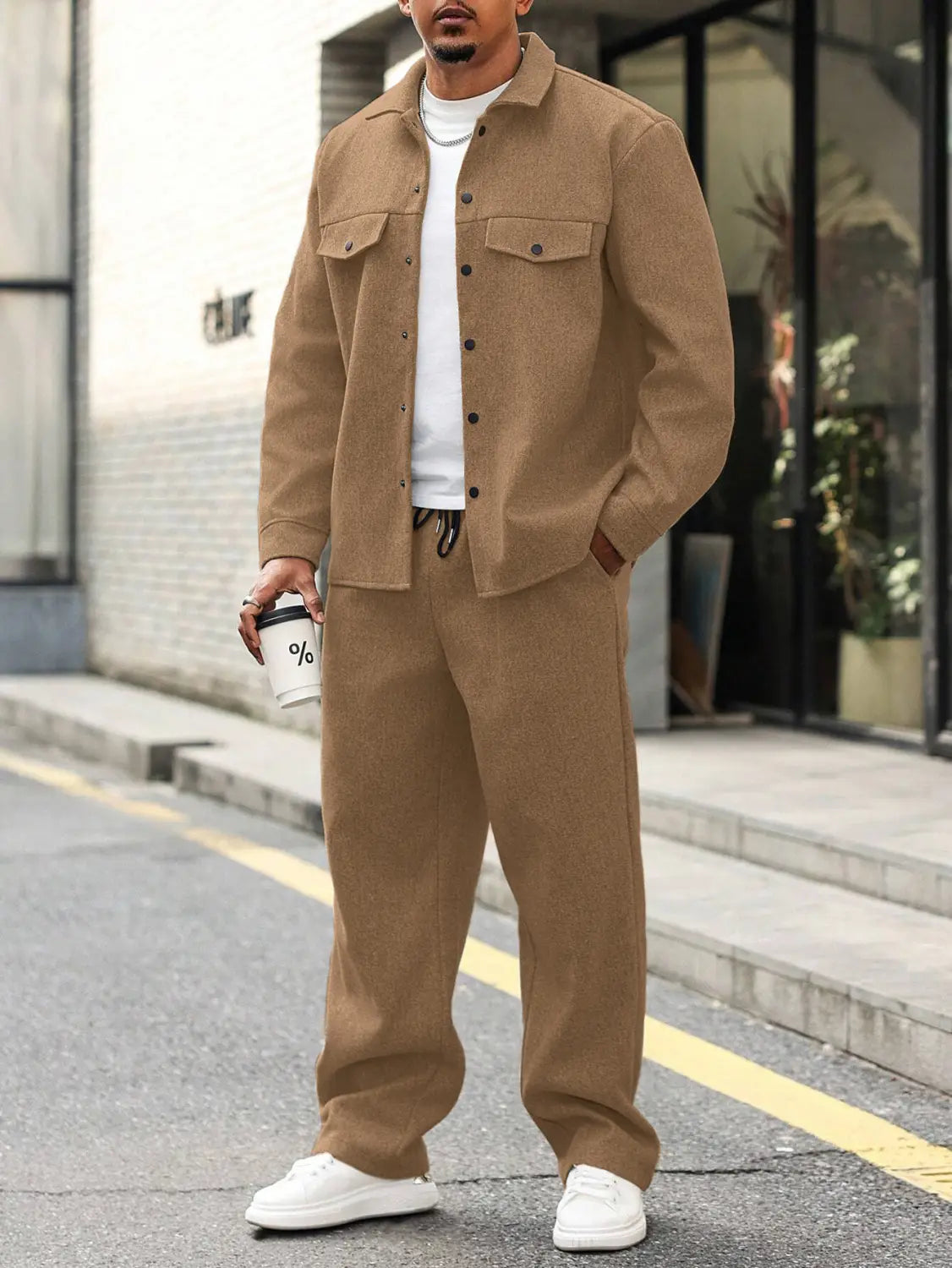 Mens cargo jacket and pants set in tan corduroy featuring a button-up jacket with two chest pockets and matching pants.