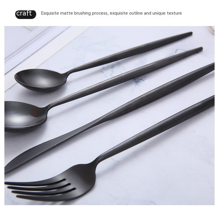 Matte black stainless steel cutlery 60 piece tableware set featuring a sleek modern design with a matte finish.