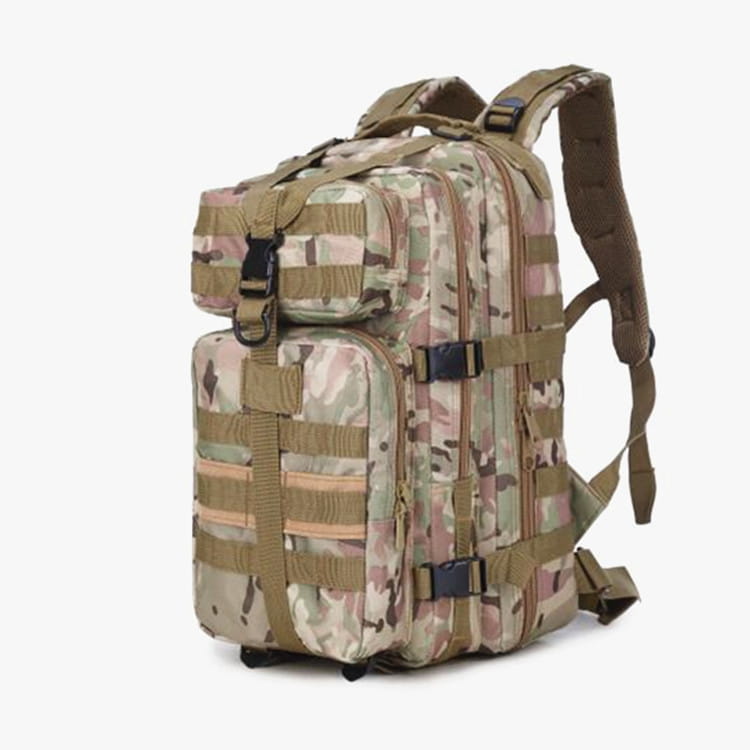 Tactical camouflage waterproof mountaineering backpack in multicam pattern with tan and olive green straps.