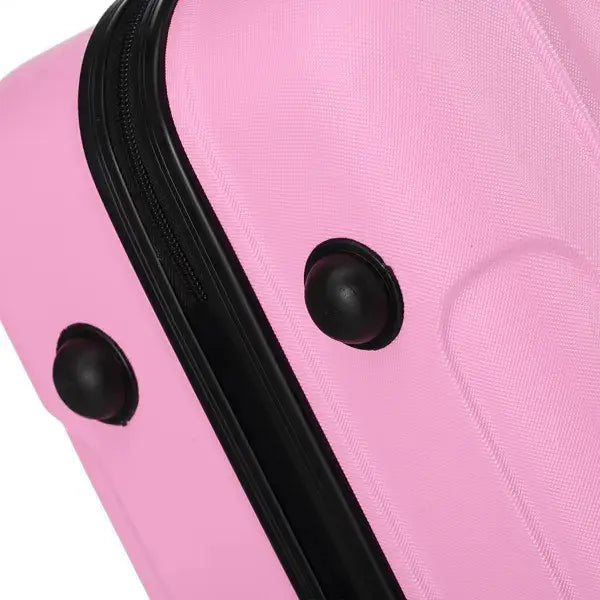 3-in-1 pink hard shell suitcase set featuring a large capacity suitcase with rounded black handles and black zipper.